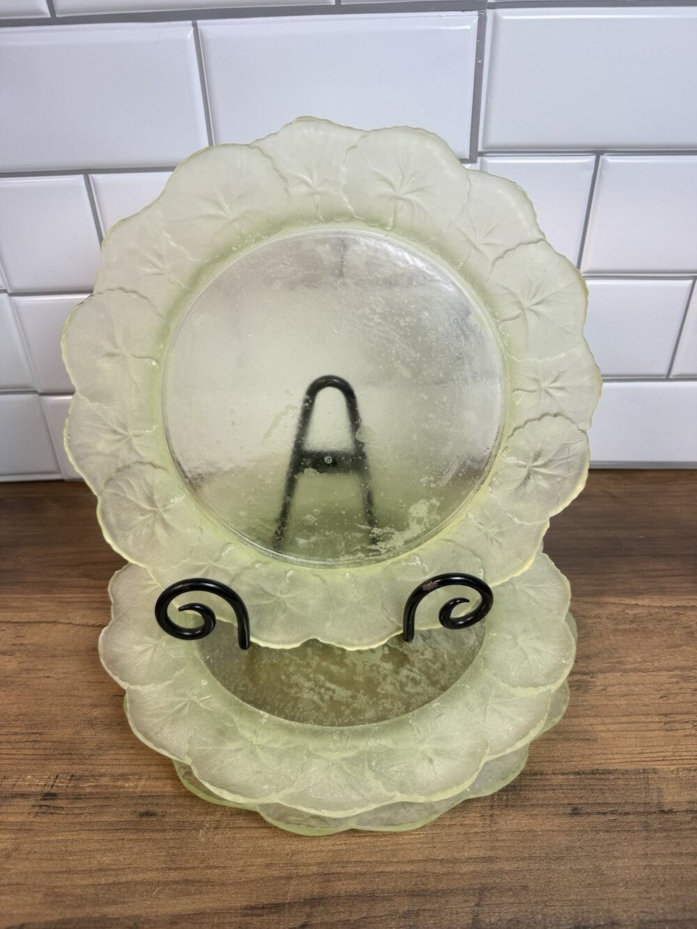 Vintage MCM Translucent Green Plastic Floral Dinner Plates Set of 3 10”